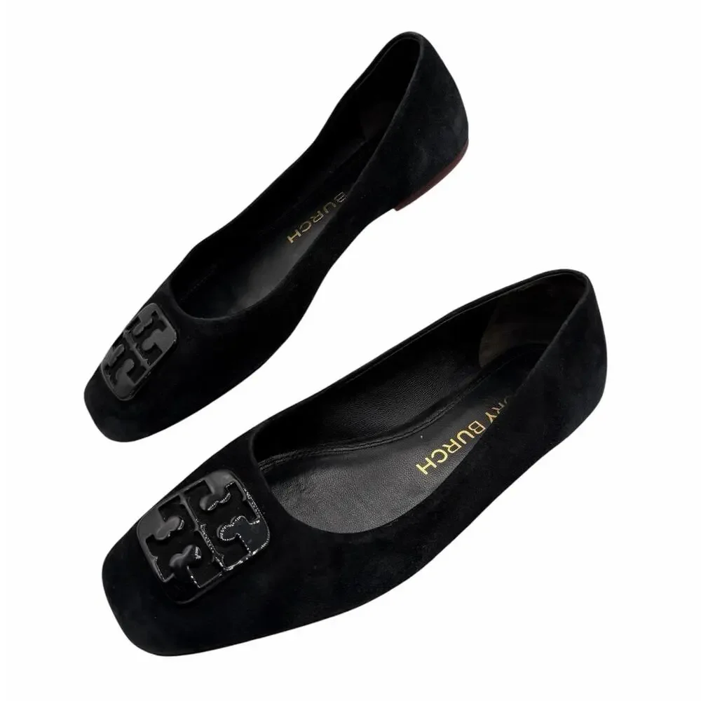 Tory Burch Gigi Ballet Flats Black Suede Square Toe Logo Size 8 Quiet Luxury